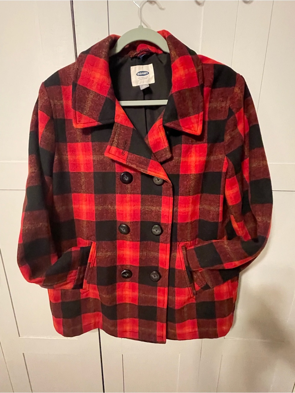 Old Navy Red & Black Plaid Double-Breasted Peacoat Jacket